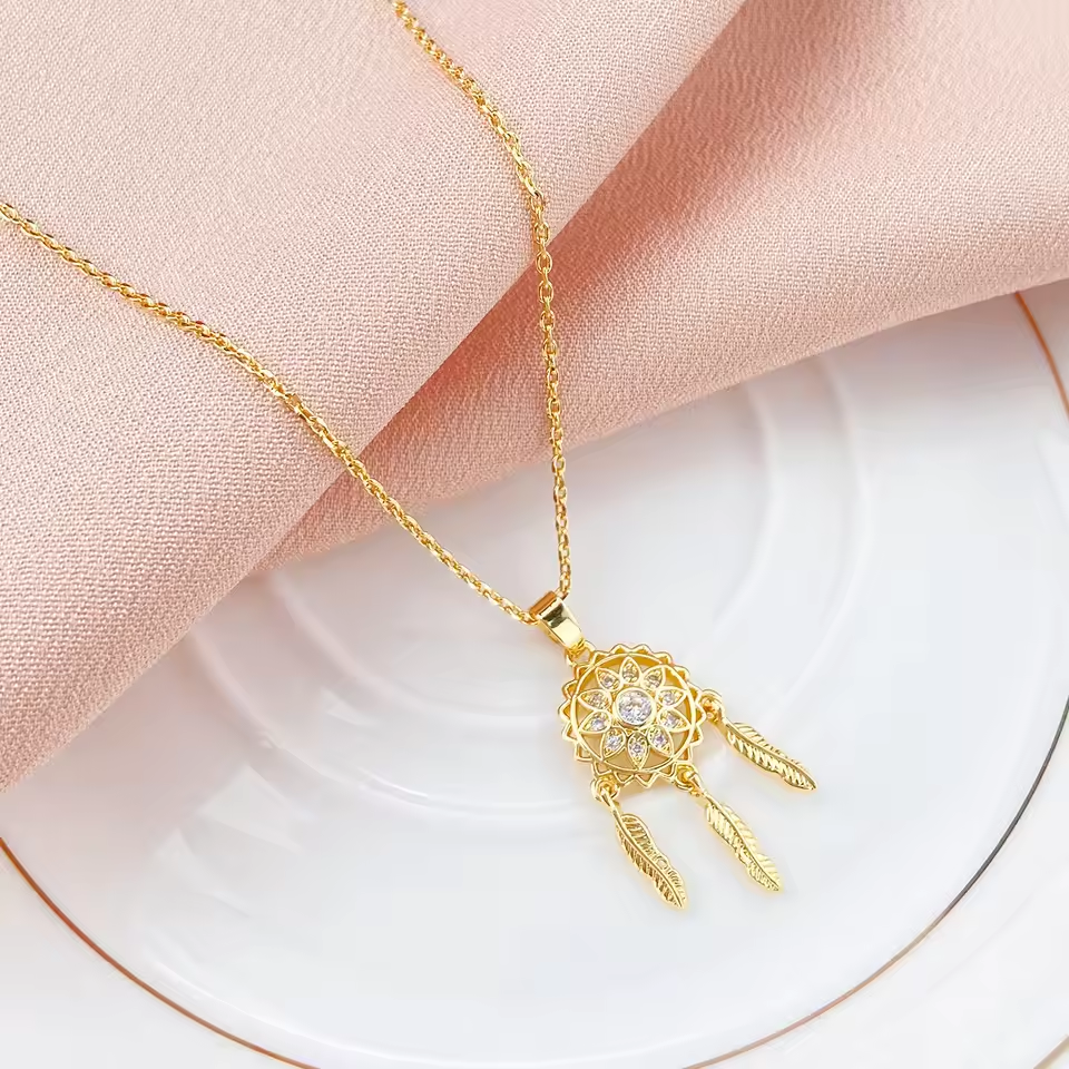 Golden Radiance Dreamcatcher Pendant Necklace
