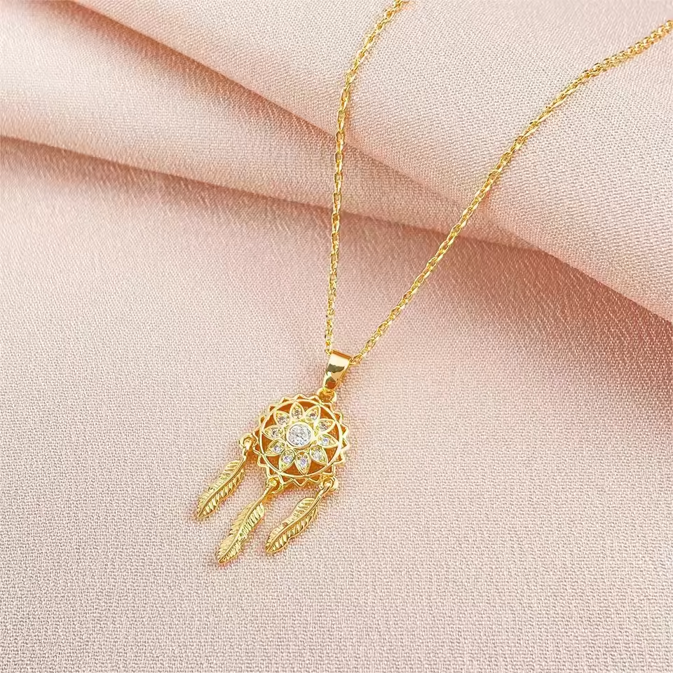 Golden Radiance Dreamcatcher Pendant Necklace
