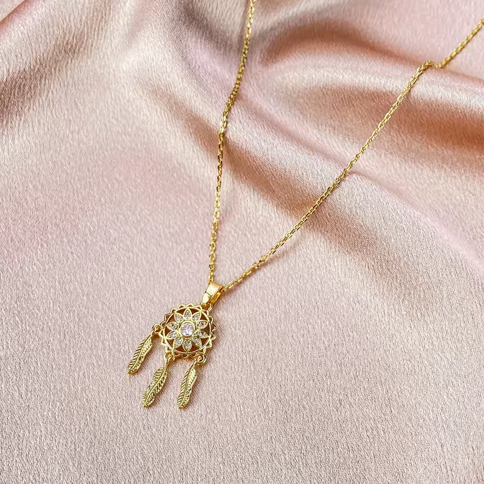Golden Radiance Dreamcatcher Pendant Necklace
