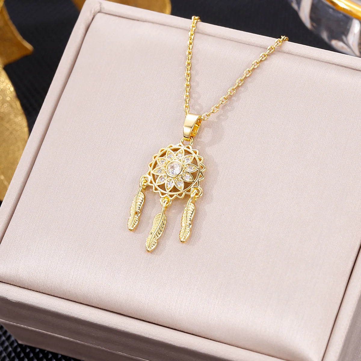 Golden Radiance Dreamcatcher Pendant Necklace